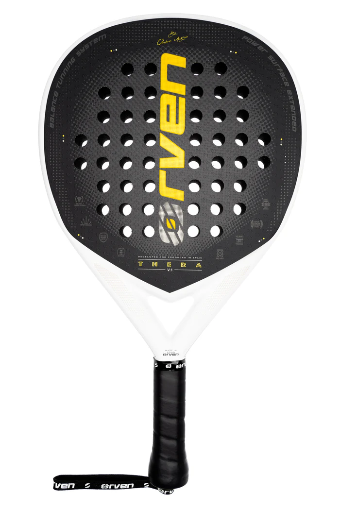 The Orven Thera V1 padel racket features a hybrid shape, medium balance, and an EVA Soft core, delivering optimal vibration absorption, enhanced precision, and balanced power, designed specifically for intermediate players aiming for consistent performance and improved shot accuracy.